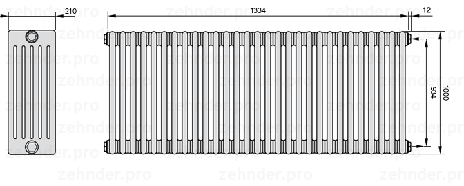 Схема (чертеж) Радиатор Zehnder Charleston 6100/29 №7610 Белый глянцевый RAL 9016